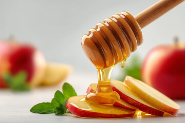 Artistic composition of honey dripping from a wooden dipper over fresh apple slices, bright and clean background.