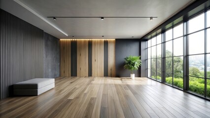 Fototapeta premium Spacious Modern Interior Design with Wood Flooring, Grey Walls, and Large Windows Offering Abundant Natural Light