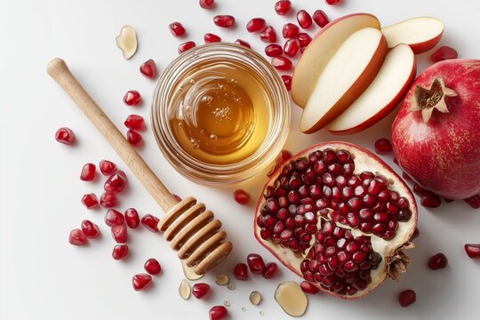 Flat lay of traditional Rosh Hashanah symbols arranged on white background: pomegranate seeds, apple slices, honey jar. - Powered by Adobe