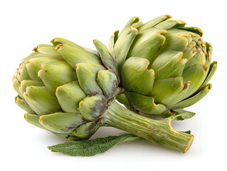 Obraz premium Two fresh artichokes on white background healthy food vegetable diet cooking ingredient