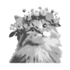 Cute cat wearing a wreath of wildflowers, halftone illustration style, retro vintage effect, isolated on neutral background