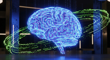 A glowing blue digital brain model with swirling green data streams, representing artificial intelligence and advanced technology.