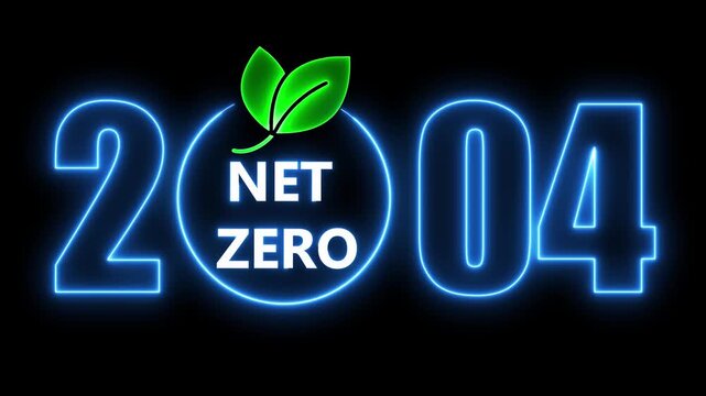 Animated neon sign net zero 2004 symbol with green leaf on black background