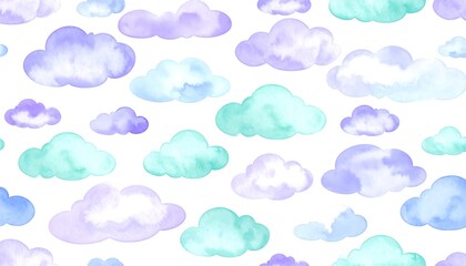 Fototapeta premium Watercolor pastel clouds in repeating pattern on white background
