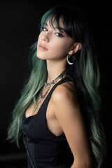 Fototapeta premium A woman with long green and black hair is wearing a black tank top