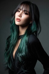 Fototapeta premium A woman with long green hair and a black dress