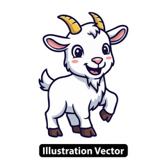 Cartoon Illustration of a Cute and Playful White Goat with Curly Horns and a Cheerful Smile