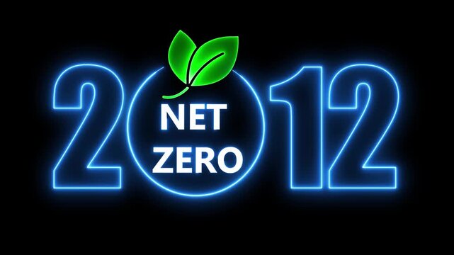 Animated neon net zero concept with glowing leaves and 2012 text display