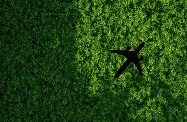 Silhouette of a plane against a lush green moss wall
