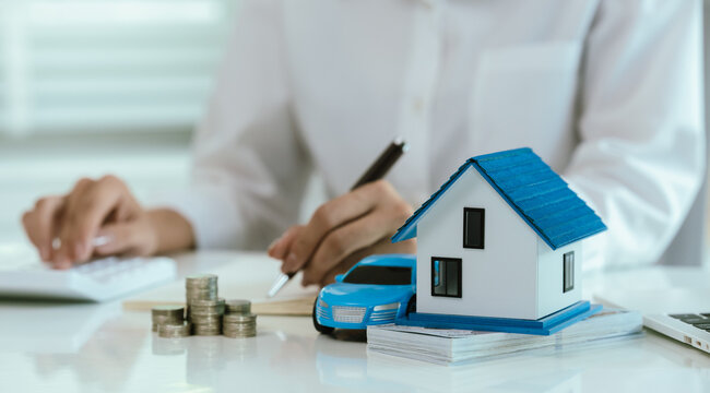 A financial concept image representing savings, real estate, insurance, mortgage, and investment, symbolizing family wealth, property ownership, vehicle loans, housing security, business growth, and l