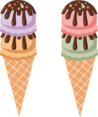 Vector illustration of colorful ice cream cones with chocolate topping, sweet dessert design for summer, food packaging, menu decoration