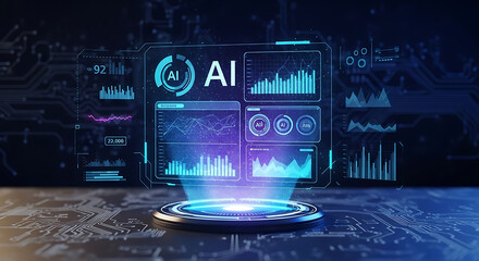 Futuristic AI interface with glowing graphs and charts on a digital background.