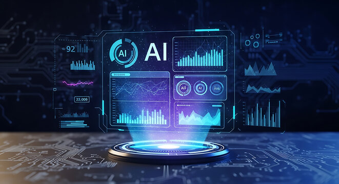 Futuristic AI interface with glowing graphs and charts on a digital background.