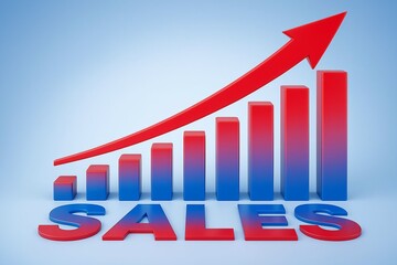 Growing sales graph with upward red arrow and the word sales in 3d letters