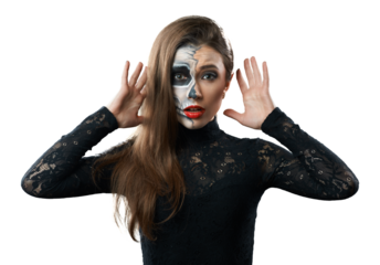 Woman in Unique Half Skull Makeup with Surprised Expression