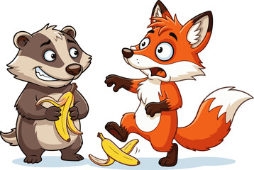 Cartoon Fox Slipping on Banana While Badger Watches