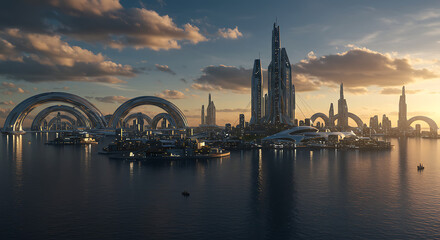 A futuristic city skyline with towering spires and grand archways reflected in the calm water at sunset.