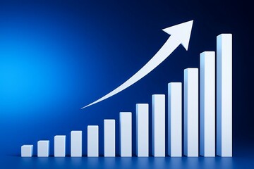 White bar graph showing upward trend with a white arrow indicating growth and success on a blue background