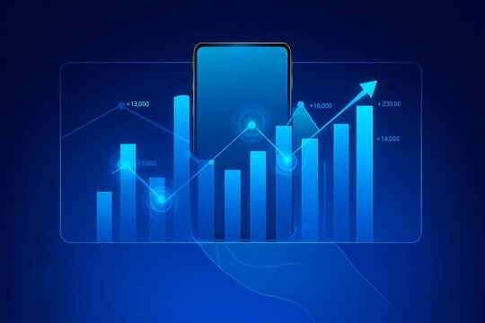 Futuristic blue digital bar chart with upward trend line and arrow