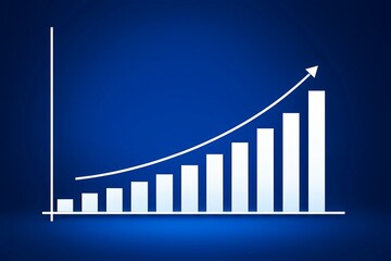 White bar chart with upward trending arrow indicating financial growth against a blue background