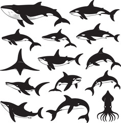 Naklejka premium Fifteen Black Silhouette Marine Animals Including Whales Sharks and Squid on White Background ocean life