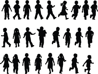 Vector silhouettes of a walking business team and family, including a man, woman, and child, in black poses