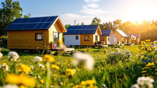Eco-Friendly Tiny Homes with Solar Panels in Sunny Meadow