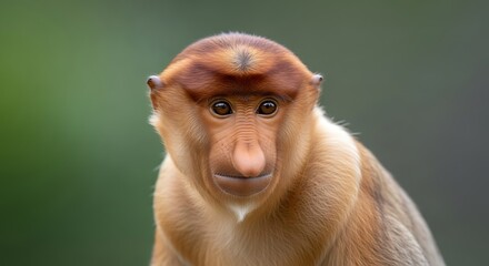 Naklejka premium Close Up Portrait of a Male Proboscis Monkey With Its Distinctive Long Nose and Brown Fur in a Lush Natural Habitat With Soft Green Background