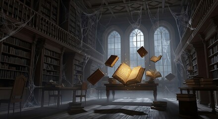 Photo of old library with flying magic books