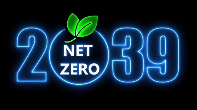Animated net zero 2039 text with neon blue glowing font and green leaves