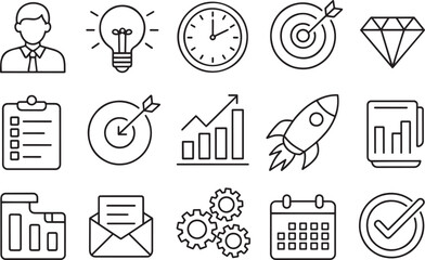 Business and productivity vector icon set with line art illustrations of businessman, light bulb idea, clock, target, diamond, checklist, growth chart, rocket, gears, calendar, email, and check mark.