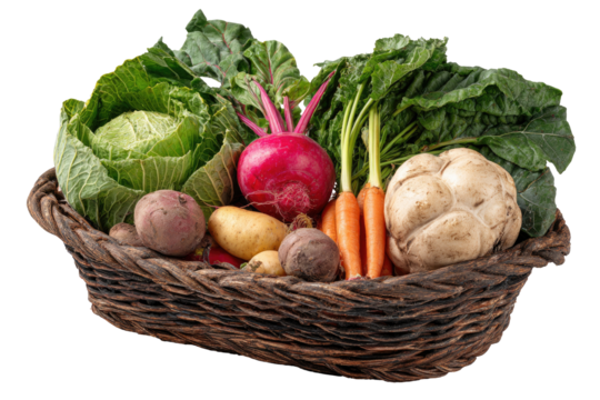 Basket filled with assorted root vegetables and leafy greens.  A wicker basket holds various produce, including cabbages, beets, radishes, carrots, potatoes, and leafy greens like chard