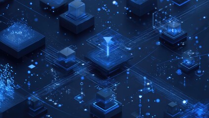 Abstract digital network of interconnected cubes. Blue glowing lines and data points fill the space between geometric shapes