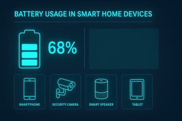 Battery Usage Statistics in Smart Home Devices Illustrated with Neon Graphics and Icons