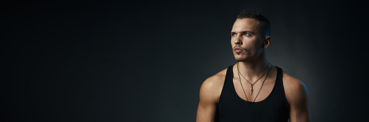 Contemplative Man Wide Banner with Copy Space