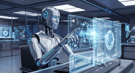 A futuristic humanoid robot interacting with a complex holographic interface displaying data and code in a modern laboratory setting.