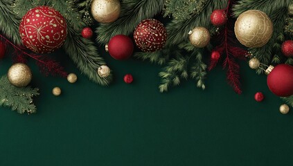 Festive Christmas ornaments and greenery border a deep green backdrop