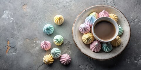 Pastel Meringues and a Warm Beverage on a Rustic Surface A Delightful Treat