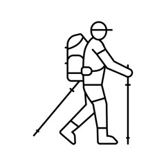 Obraz premium hiker backpack poles nordic walking line icon vector illustration
