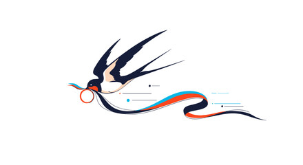 Obraz premium Elegant swallow bird carrying a ring with a flowing ribbon of colors symbolizing nature and harmony