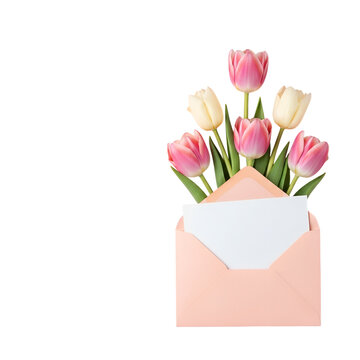 Pink And White Tulips In Peach Envelope With Blank Card flowers bouquet PNG file isolated on transparent background cut out, clipping path, social media.  
