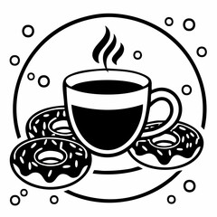 Black and white delicious coffee cup and donuts vector image on white background.