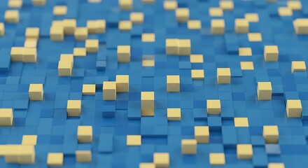 Abstract 3D render featuring a blue grid with randomly placed, raised light yellow cubes creating a textured, pixelated landscape.