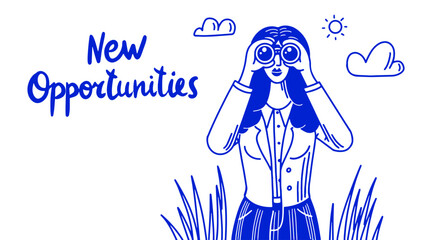 New Opportunities banner with a business lady with binoculars seeking for business conclusions. Outline hand drawn style concept for teamwork, company development,