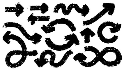 Big set of black arrows made with brush strokes, marker drawn or pen. Collection of grunge hand drawn elements with different shapes and directions