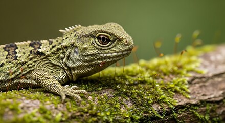 Fototapeta premium Detailed close-up profile of a unique Tuatara reptile perched on a moss-covered branch in a natural outdoor forest setting showcasing its scaly skin and ancient appearance