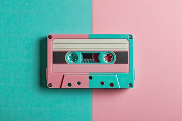 Retro cassette tape on a teal and pink background