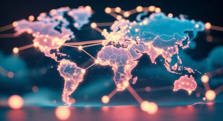A glowing world map with connected dots and lines, representing global network connections
