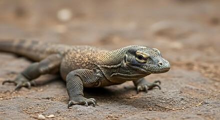 Obraz premium Close up profile of a large Komodo dragon lizard reptile walking on sandy ground with textured scales and sharp claws showcasing its prehistoric powerful and dangerous nature