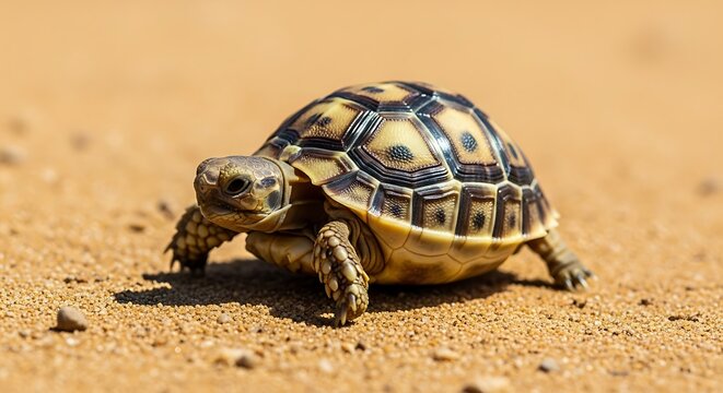 Close Up Of A Small Tortoise Walking On Sand With Its Shell Pattern Visible And Sunlight Creating Shadows On The Ground
